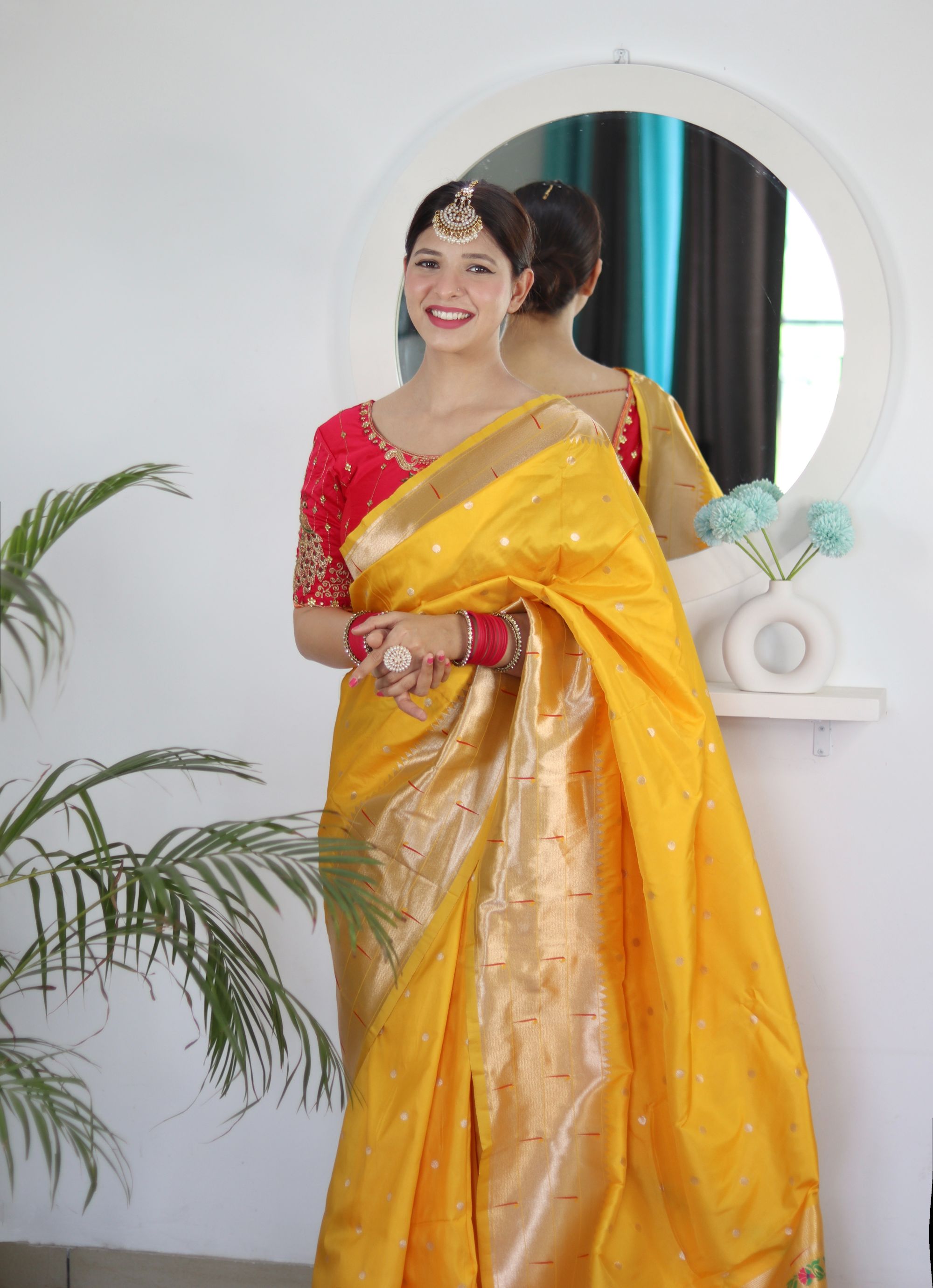 Lovely Yellow Paithani Silk Saree With Gorgeous Blouse Piece