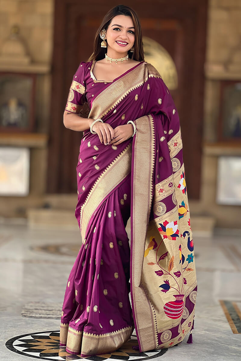 Elaborate Purple Paithani Silk Saree With Scintillating Blouse Piece