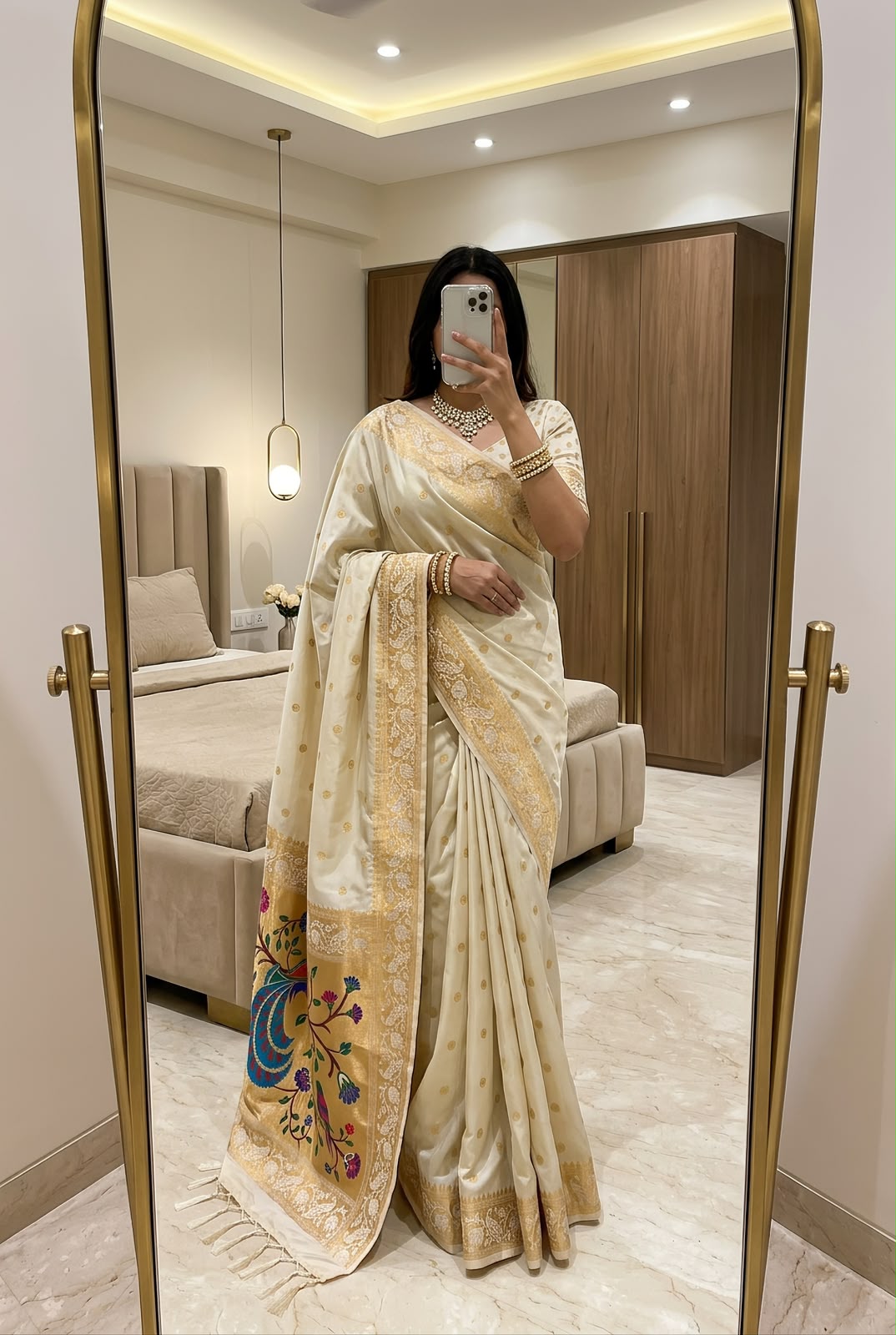 Ephemeral Beige Paithani Silk Saree With Angelic Blouse Piece
