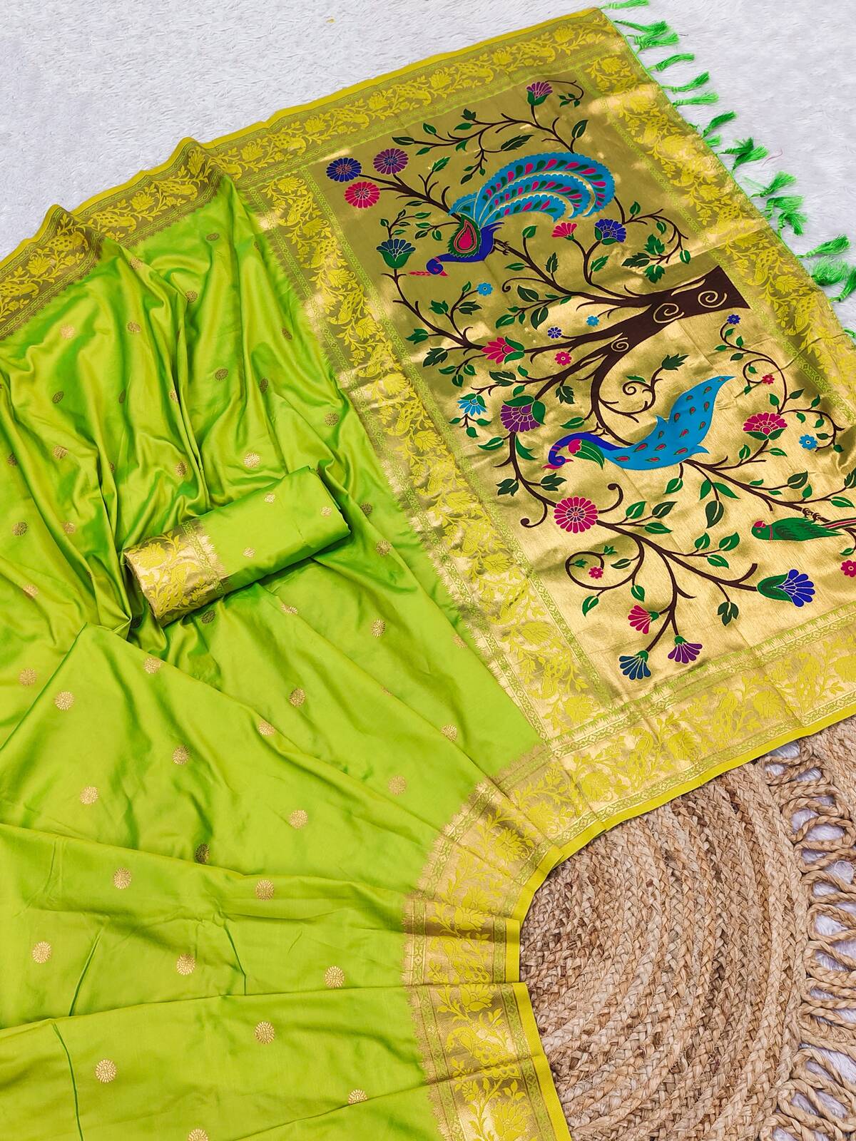 Transcendent Parrot Paithani Silk Saree With Desultory Blouse Piece