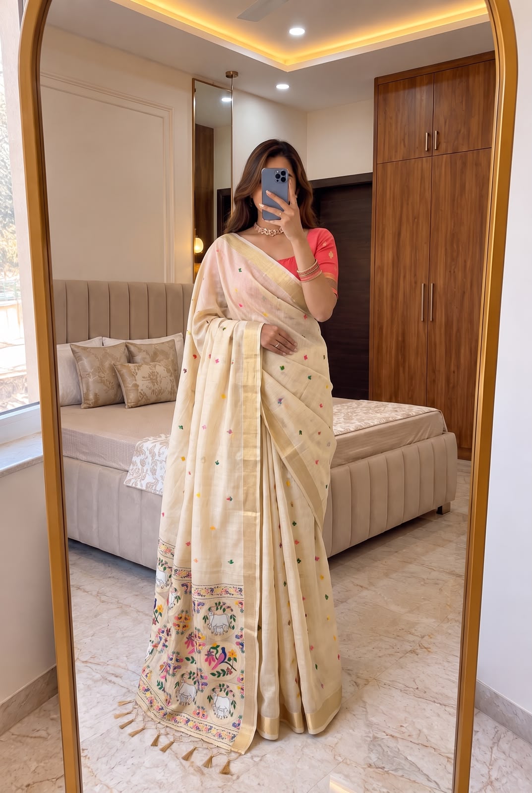 Dalliance Beige Pure Munga Cotton Silk Saree With Groovy Blouse Piece