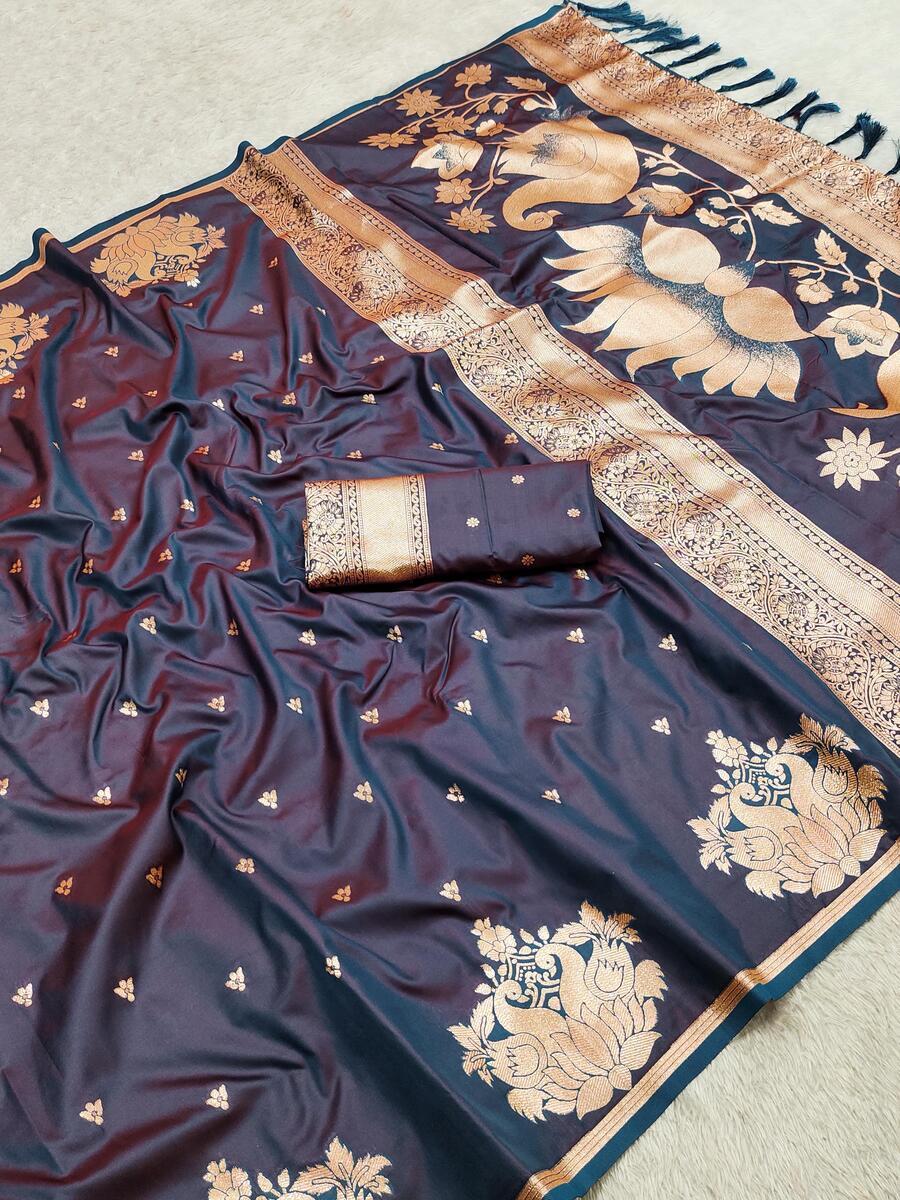 Symmetrical Grey Soft Banarasi Satin Silk Saree With Beleaguer Blouse