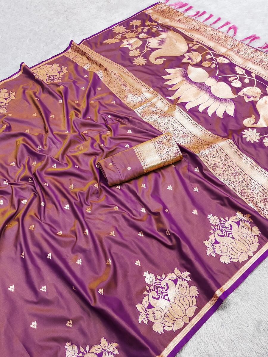 Skinny Lavender Soft Banarasi Satin Silk Saree With Jazzy Blouse