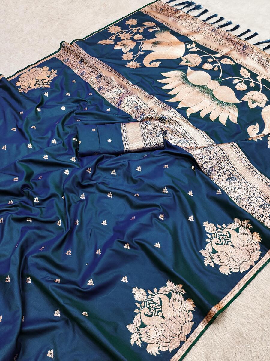 Efflorescence Teal Blue Soft Banarasi Satin Silk Saree With Super extravagant Blouse