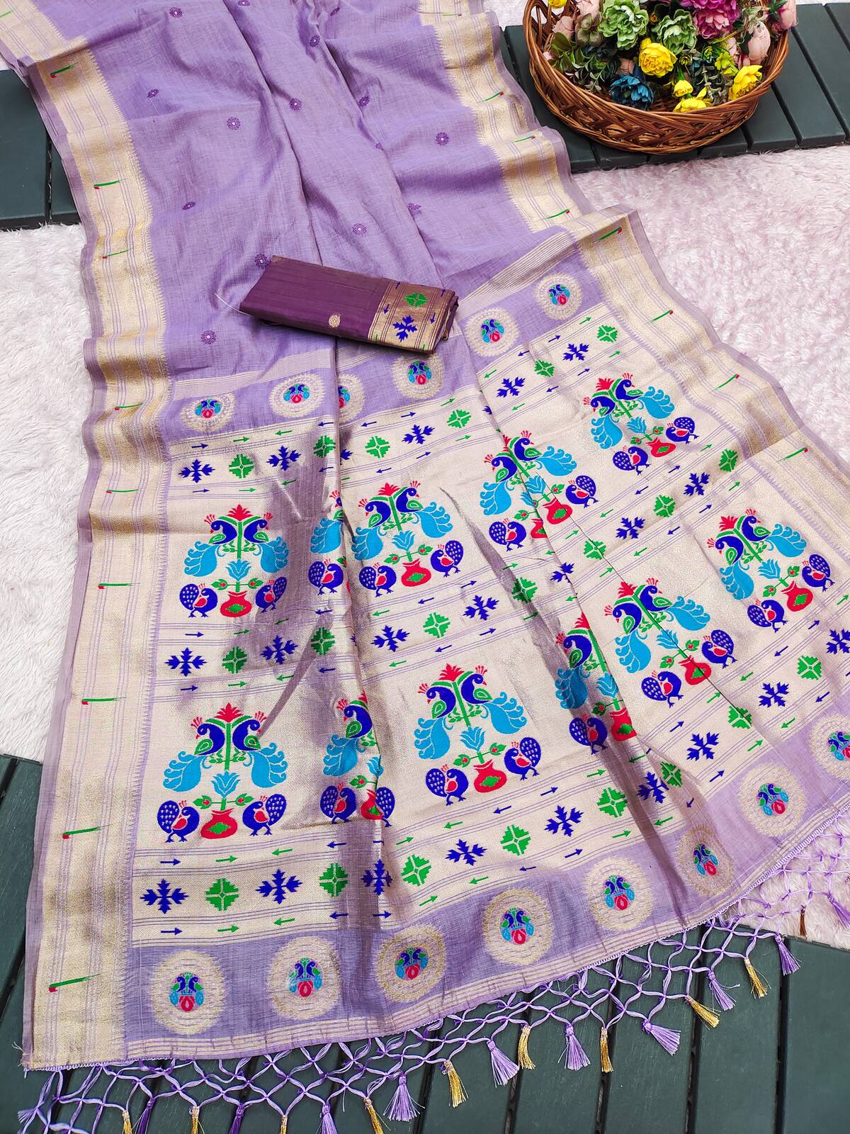 Cynosure Lavender Munga Cotton Paithani Silk Saree With Redolent Blouse Piece