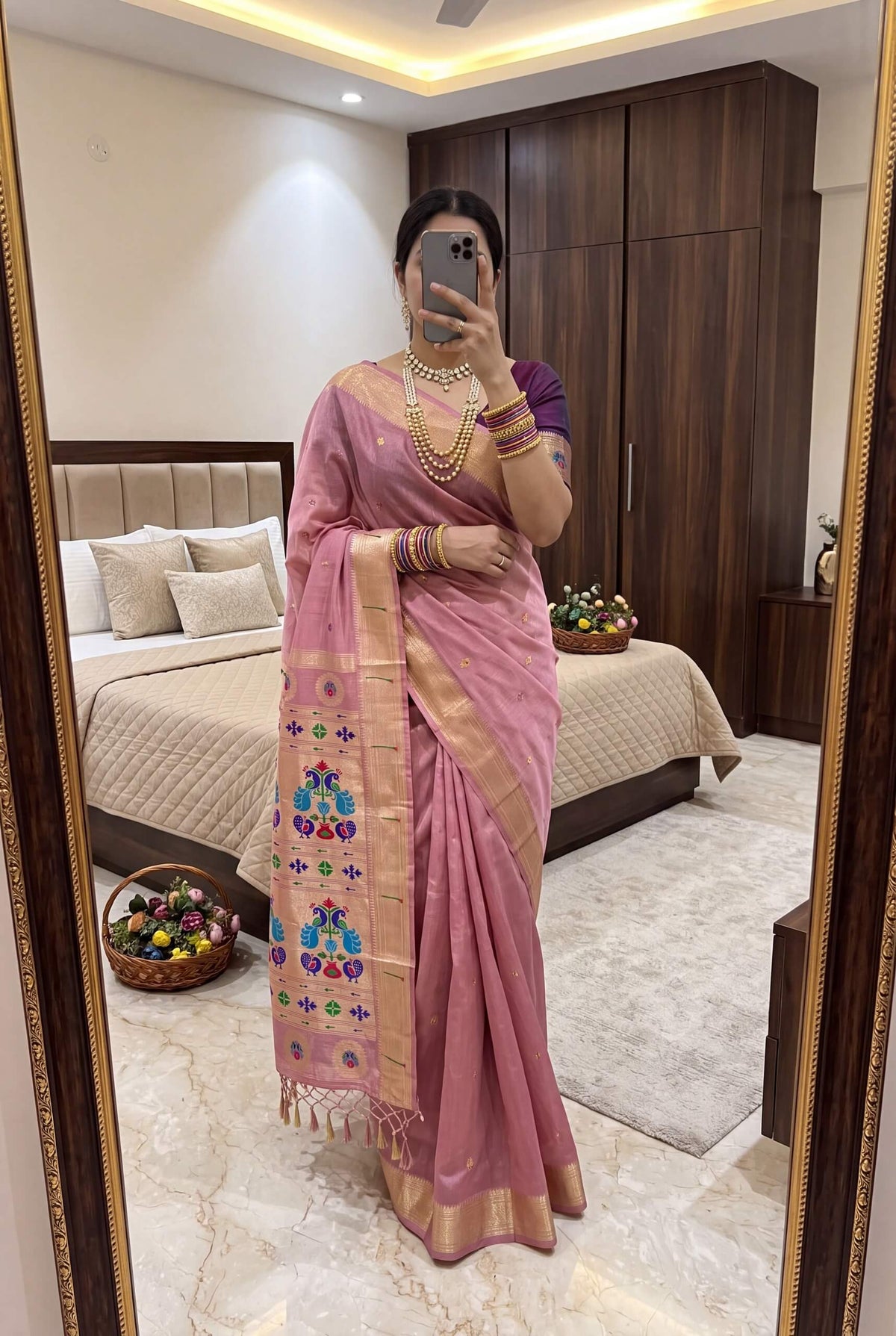 Lissome Pink Munga Cotton Paithani Silk Saree With Alluring Blouse Piece
