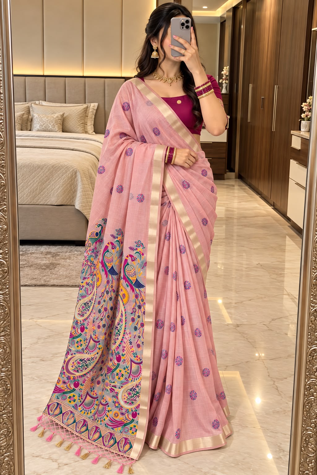 Glittering Pink Pure Munga Cotton Silk Saree With Jazzy Blouse Piece