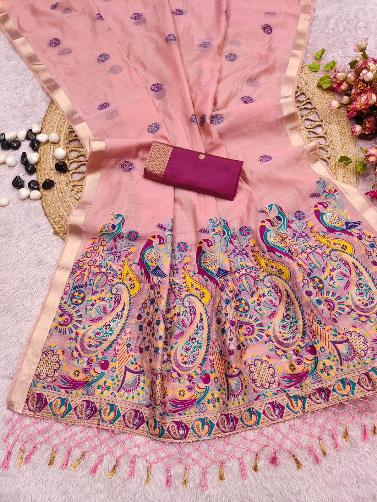 Glittering Pink Pure Munga Cotton Silk Saree With Jazzy Blouse Piece