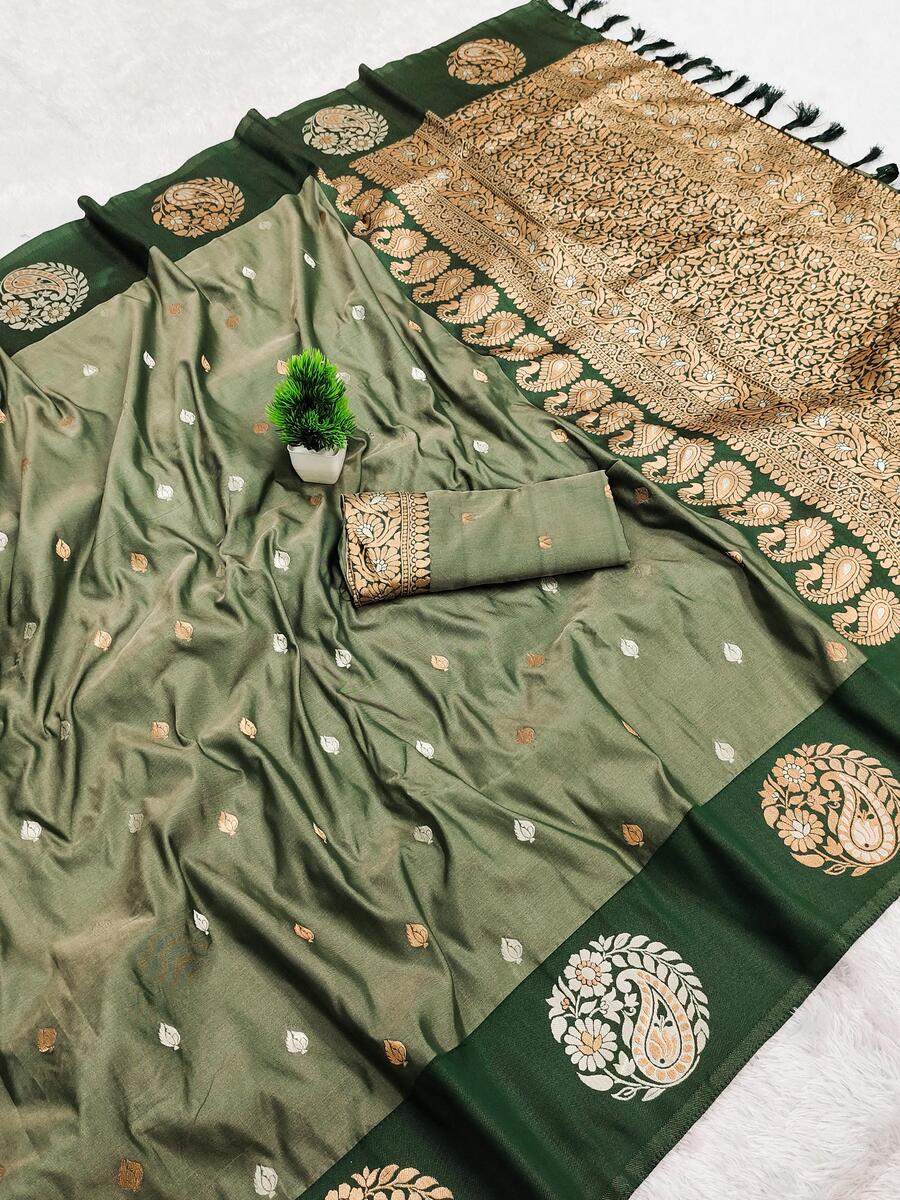 Fancifull Dark Green Soft Banarasi Silk Saree With Transcendent Blouse Piece
