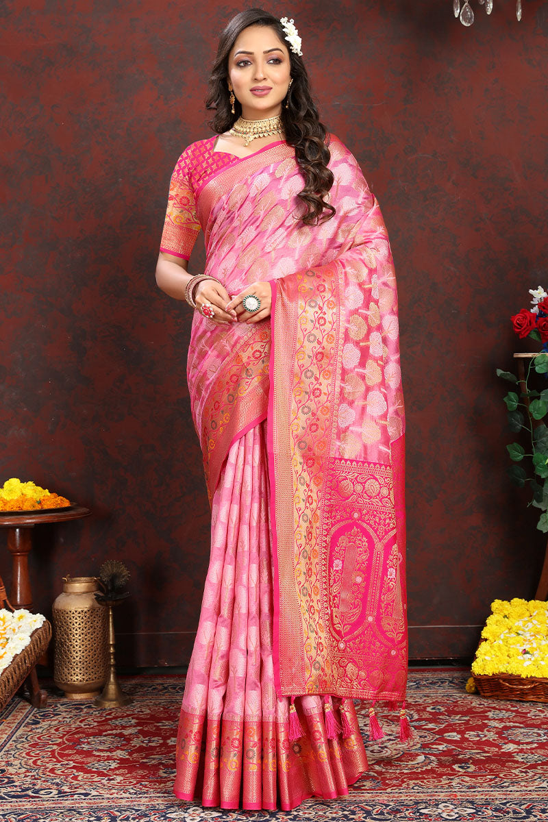 Allure Dark Pink Soft Banarasi Silk Saree With Zephyr Blouse Piece