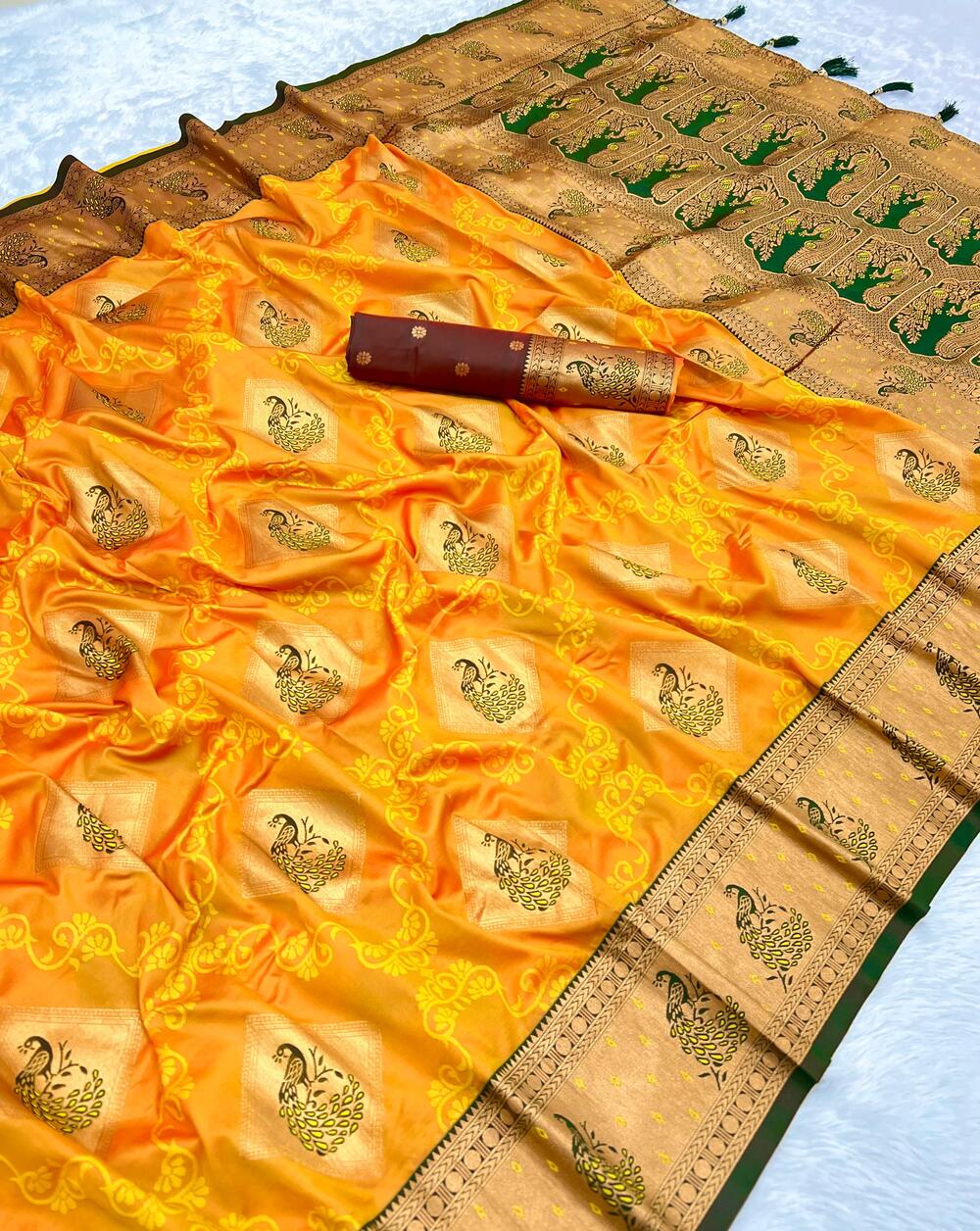 Demure Yellow Soft Banarasi Silk Saree With Seraphic Blouse Piece