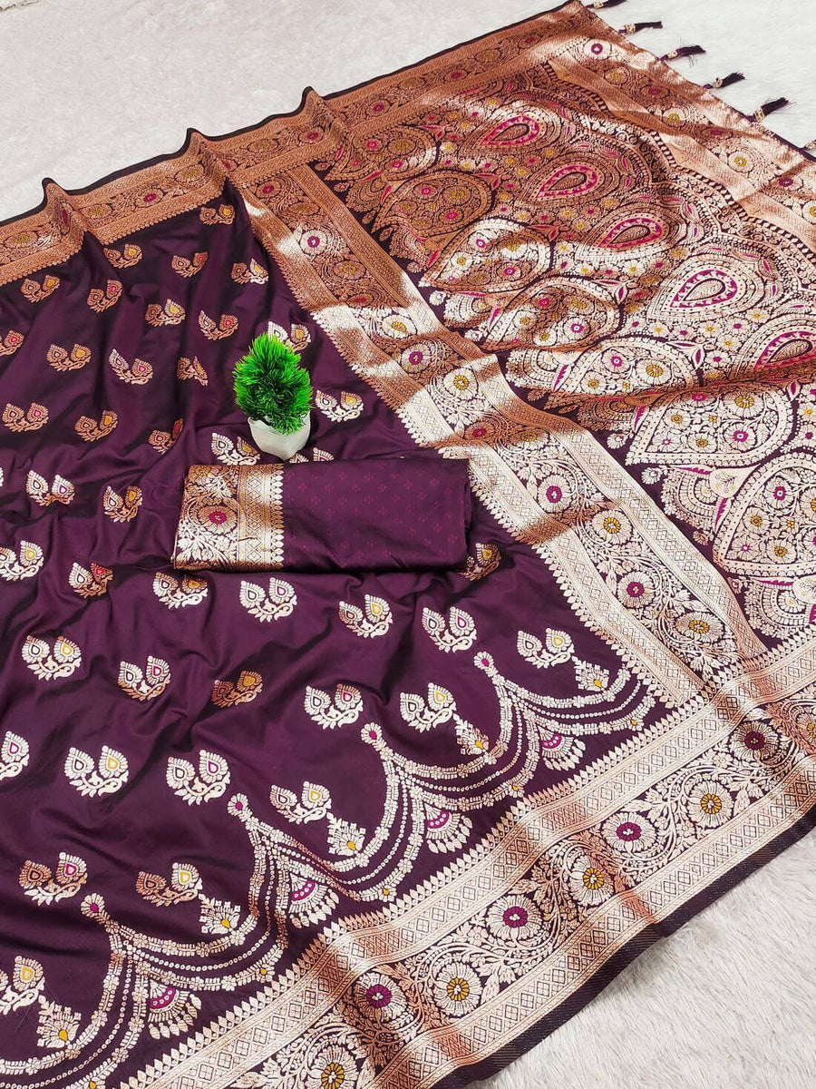 Snuggle Spot Women's Banarasi silk Saree with Blouse (Wine, 5-6mtr)