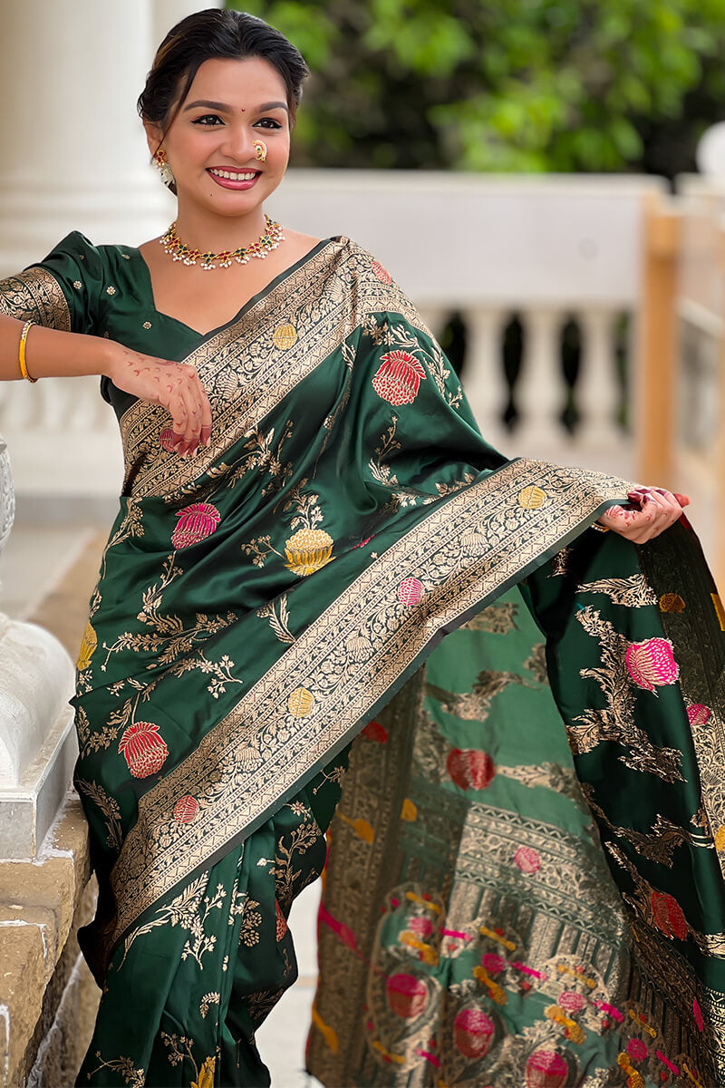 Ratatouille Dark Green Soft Banarasi Silk Saree With Embrocation Blouse Piece