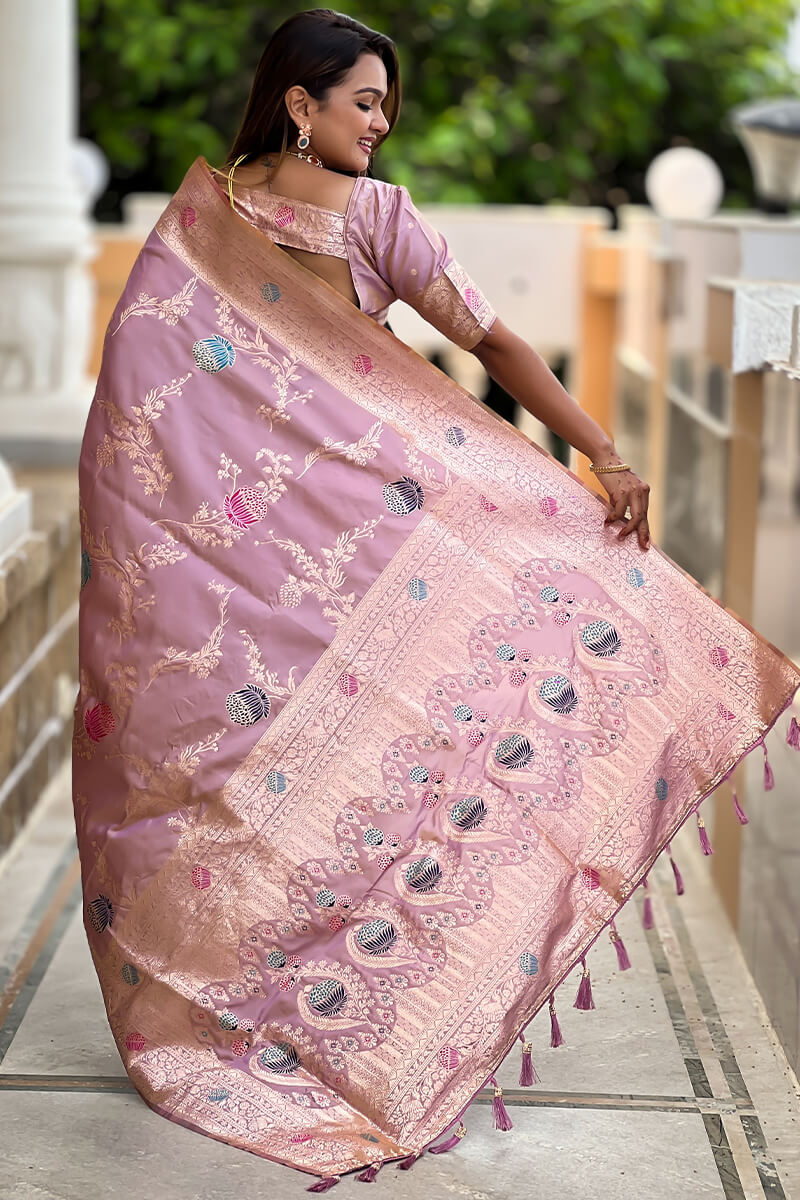 Supernal Lavender Soft Banarasi Silk Saree With Effulgent Blouse Piece