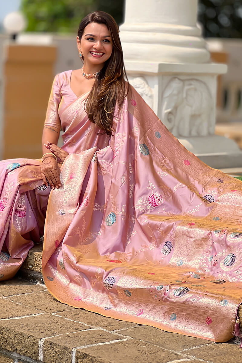 Supernal Lavender Soft Banarasi Silk Saree With Effulgent Blouse Piece