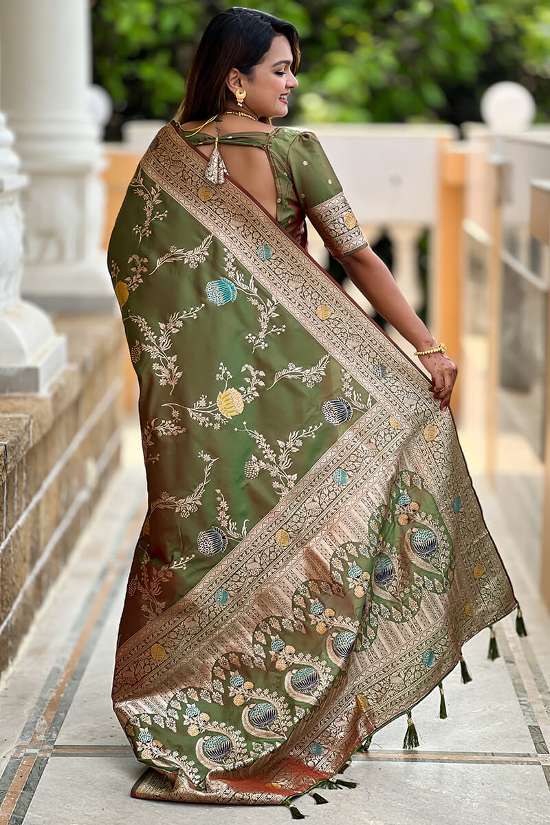 Prodigal Mehndi Soft Banarasi Silk Saree With Fantabulous Blouse Piece