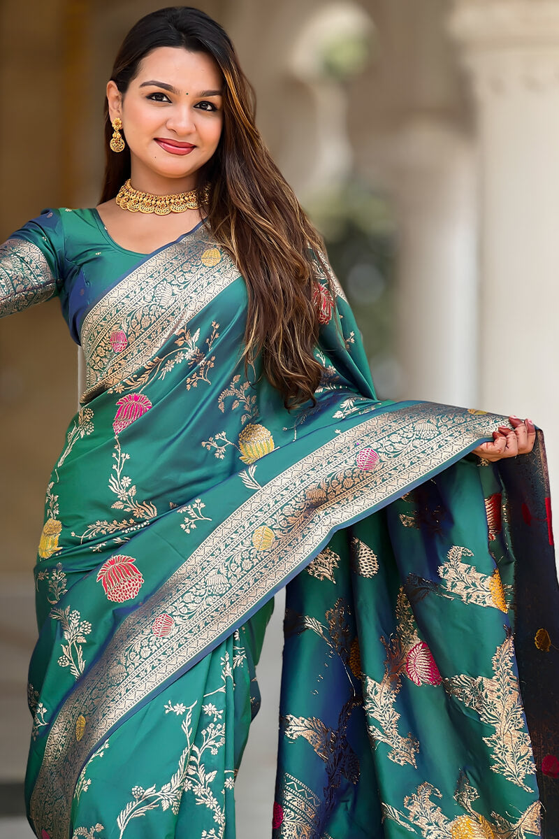 Rhapsody Rama Soft Banarasi Silk Saree With Posh Blouse Piece