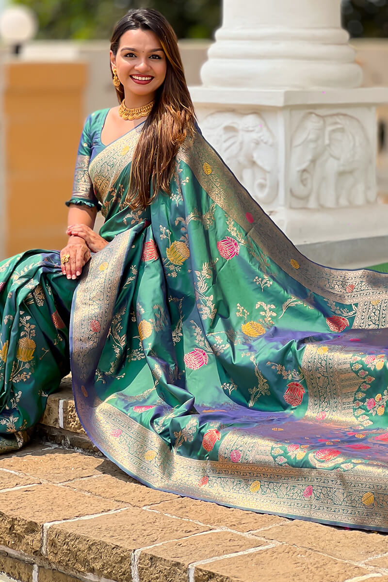 Rhapsody Rama Soft Banarasi Silk Saree With Posh Blouse Piece