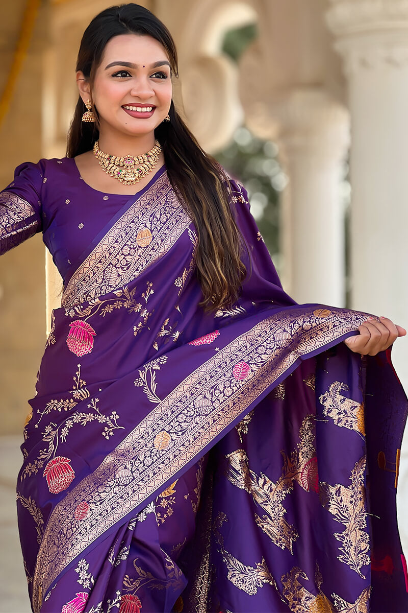 Exquisite Royal Purple Soft Banarasi Silk Saree With Splendorous Blouse Piece