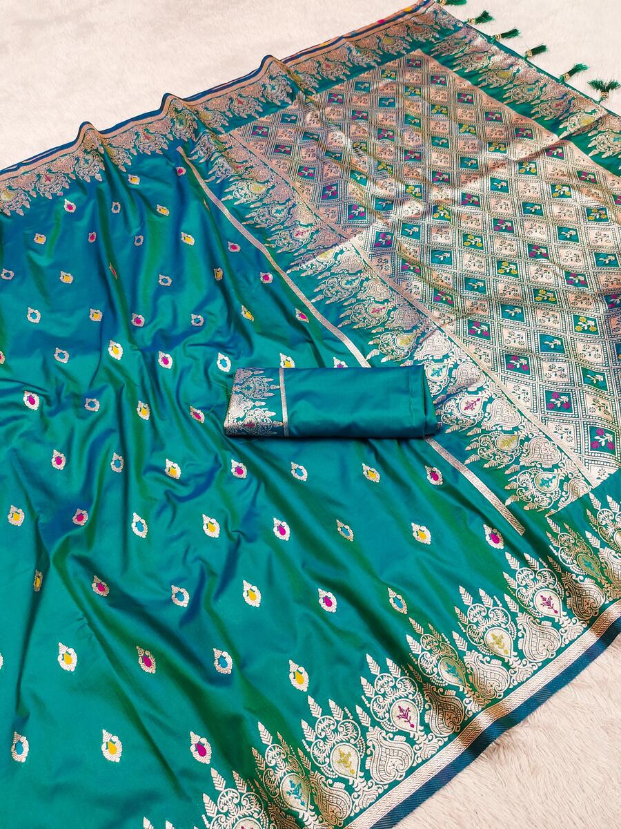 Verdant Sea Green Soft Banarasi Silk Saree With Efflorescence Blouse Piece