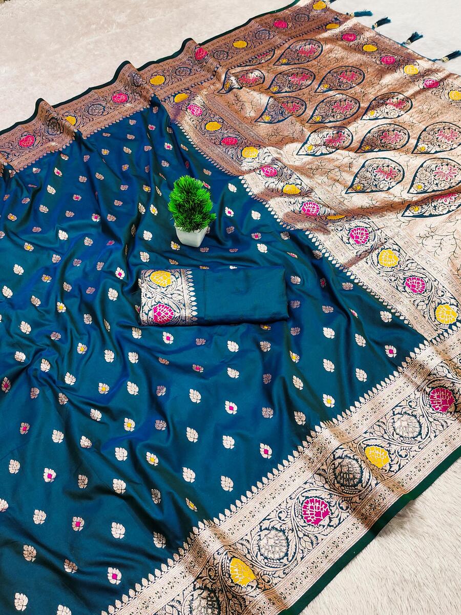 Teal Blue Luxury Silk Saree with Navy Blue Banarasi Border & Multicolour Geometric Weave main image 1