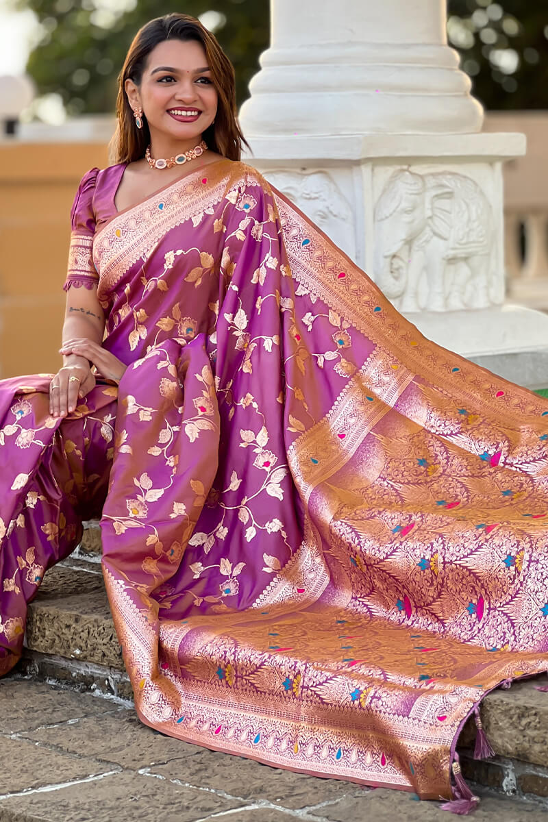 Captivating Lavender Soft Banarasi Silk Saree With Delectable Blouse Piece