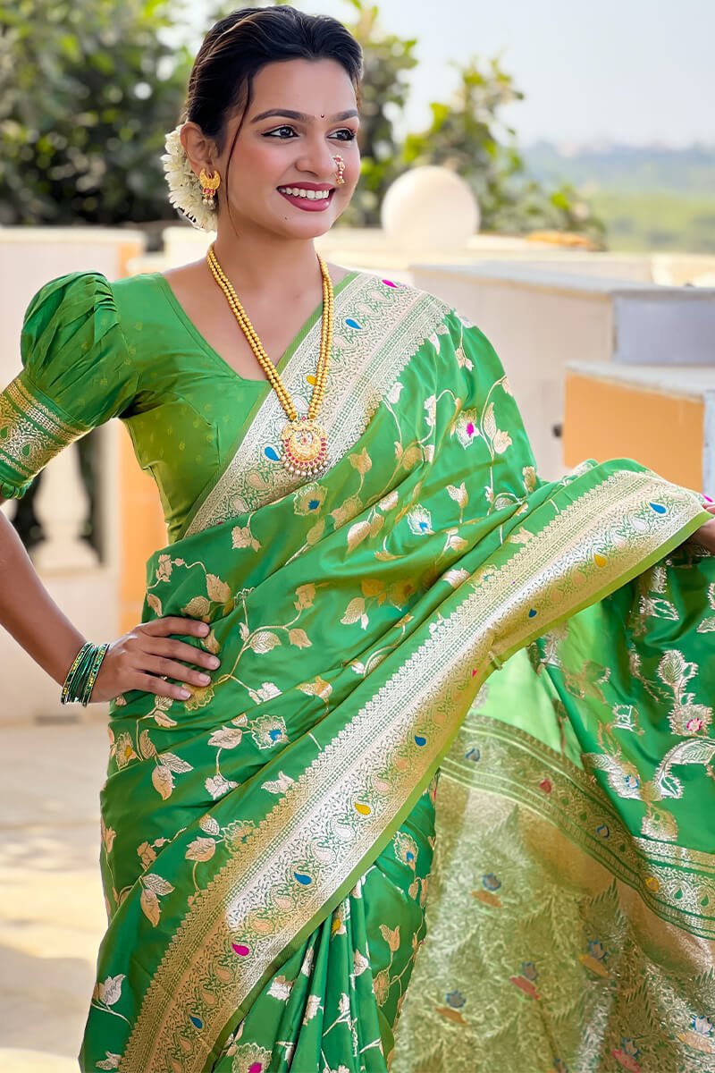 Angelic Mehndi Soft Banarasi Silk Saree With Chatoyant Blouse Piece