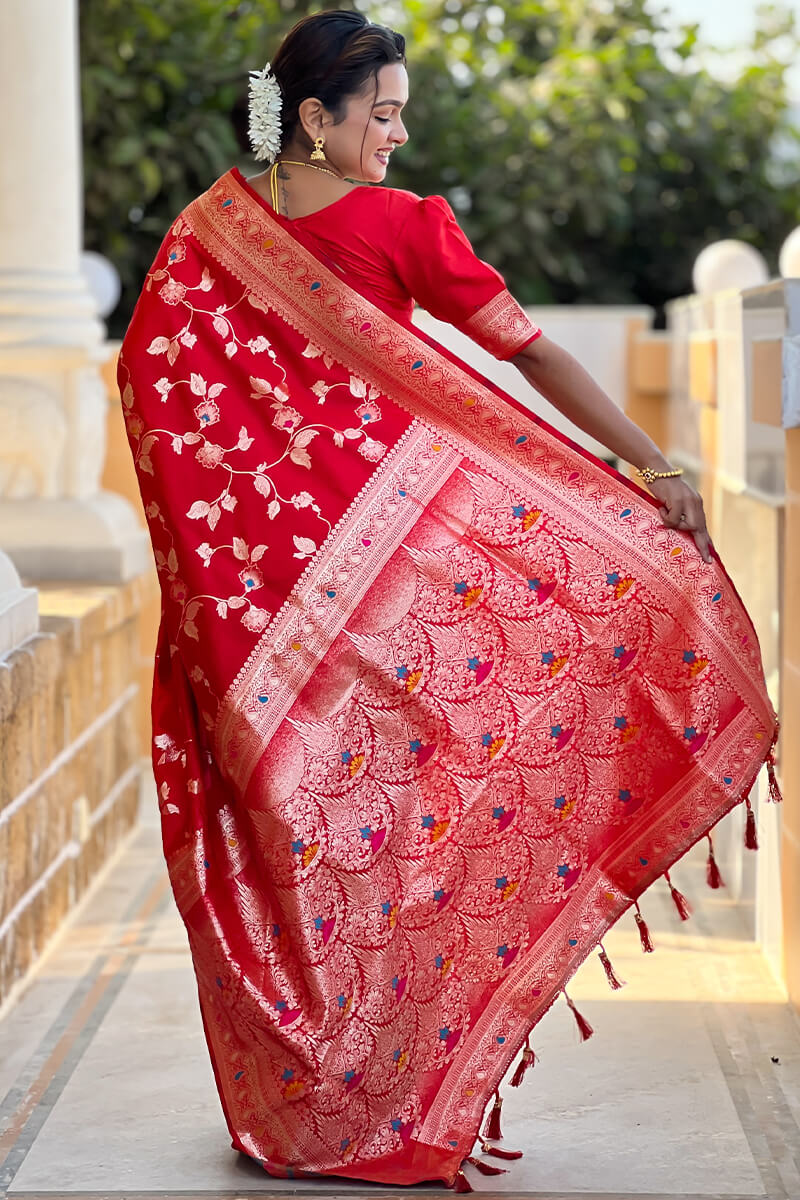 Ornate Red Soft Banarasi Silk Saree With Ephemeral Blouse Piece