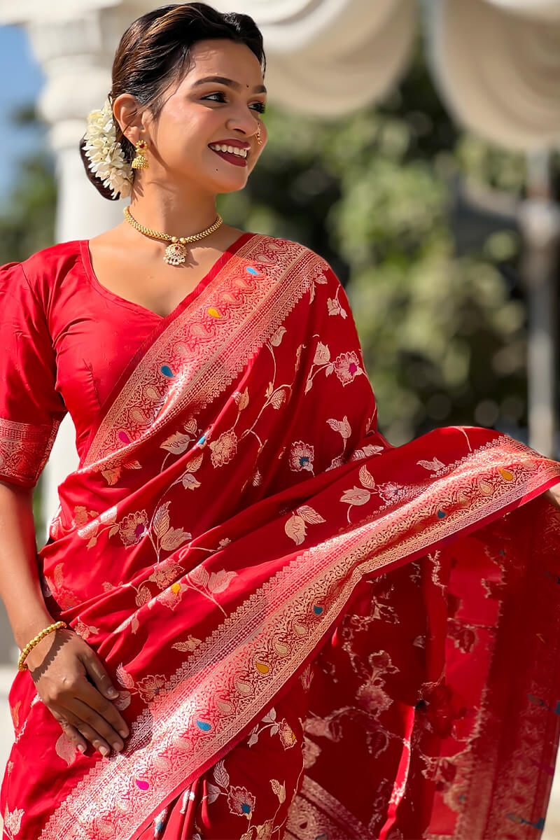 Ornate Red Soft Banarasi Silk Saree With Ephemeral Blouse Piece