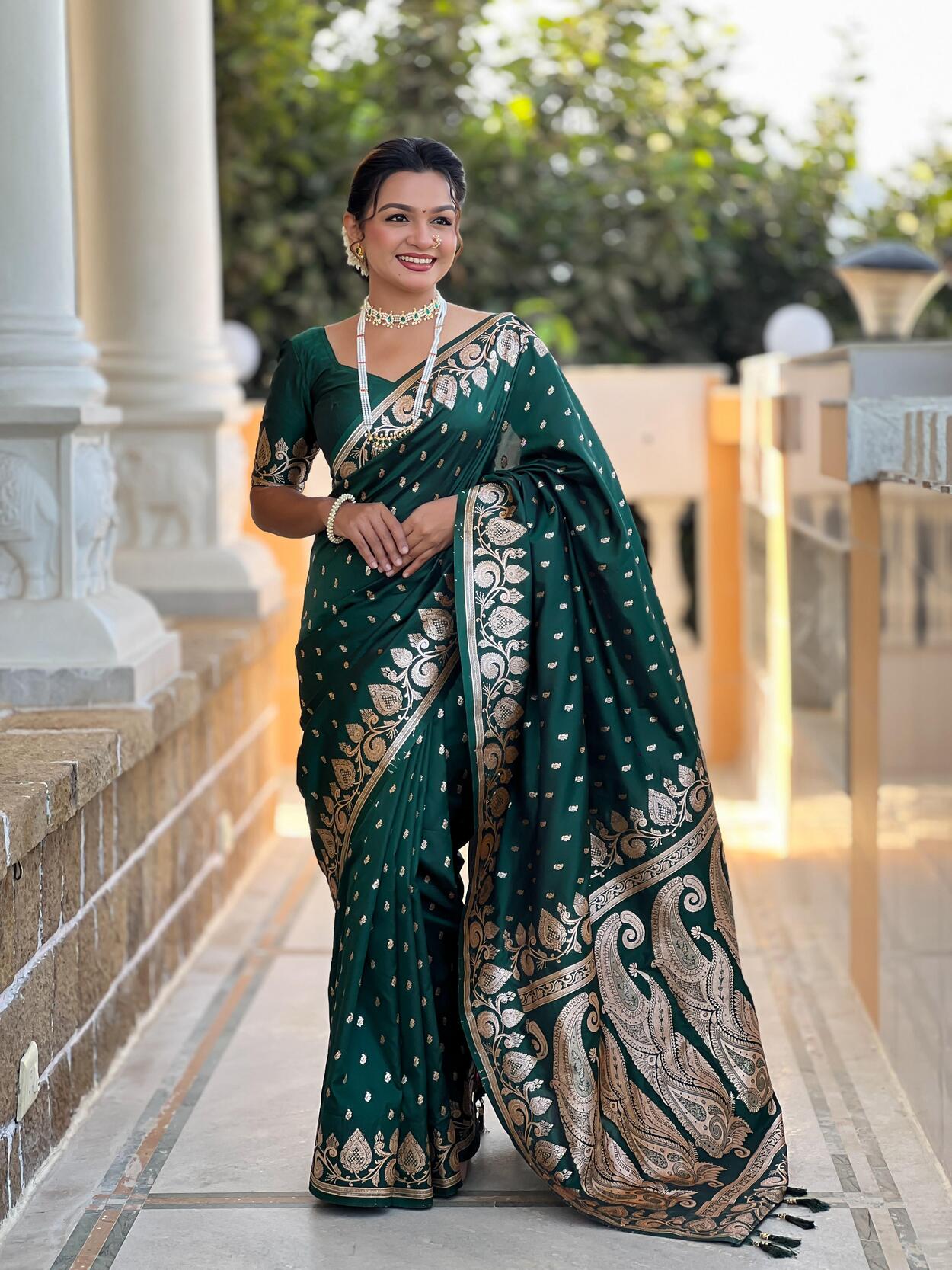 Ethnic Dark Green Soft Banarasi Silk Saree With Hypnotic Blouse Piece