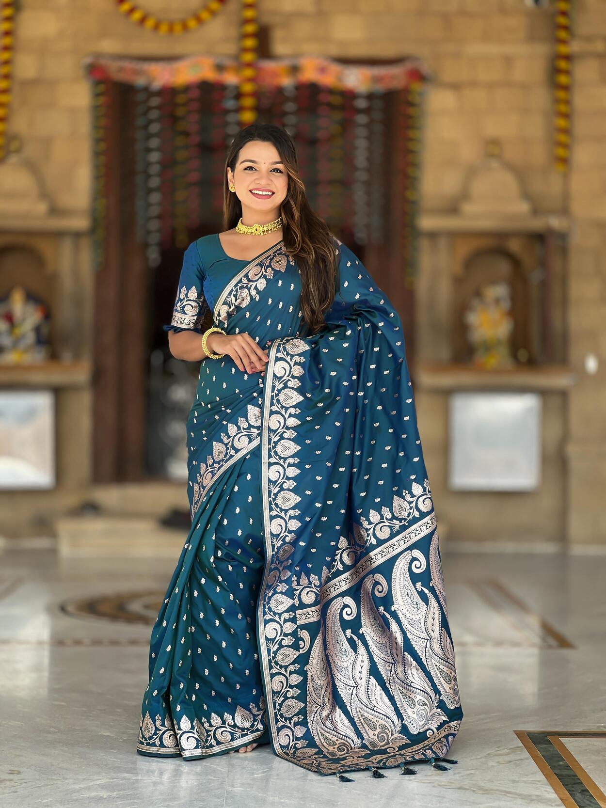 Delectable Teal Blue Soft Banarasi Silk Saree With Prettiest Blouse Piece