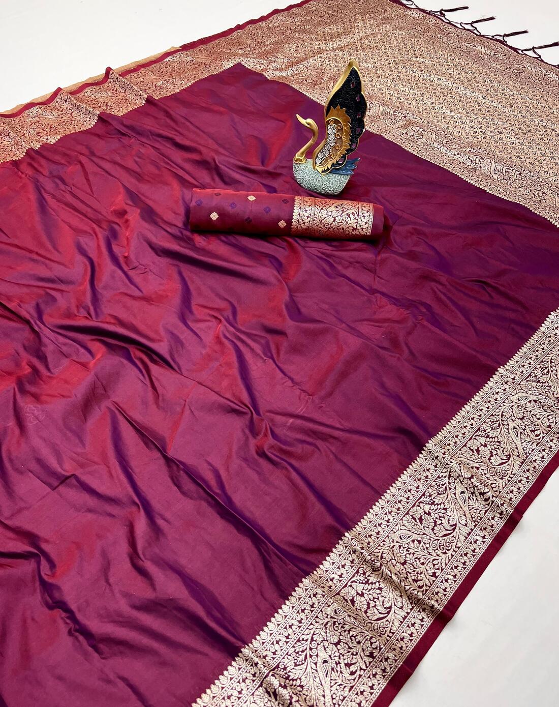 Prettiest Wine Soft Banarasi Silk Saree With Unequalled Blouse Piece