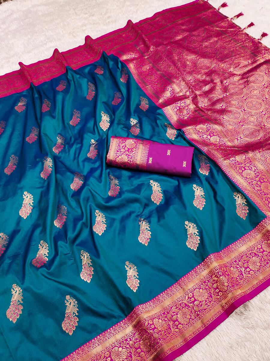 Surreptitious Rama Soft Banarasi Silk Saree With Ravishing Blouse Piece
