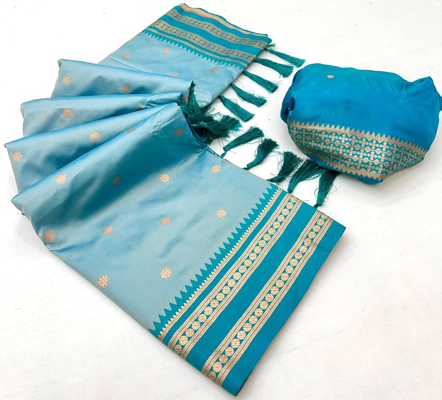 Vibrant Sky Soft Banarasi Silk Saree With Enigmatic Blouse Piece