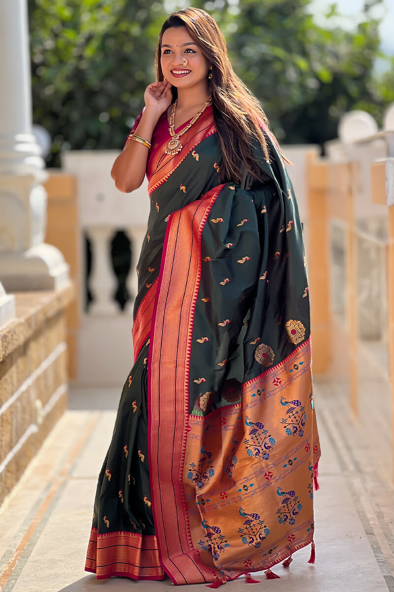 Impressive Dark Green Paithani Silk Saree With Adorning Blouse Piece