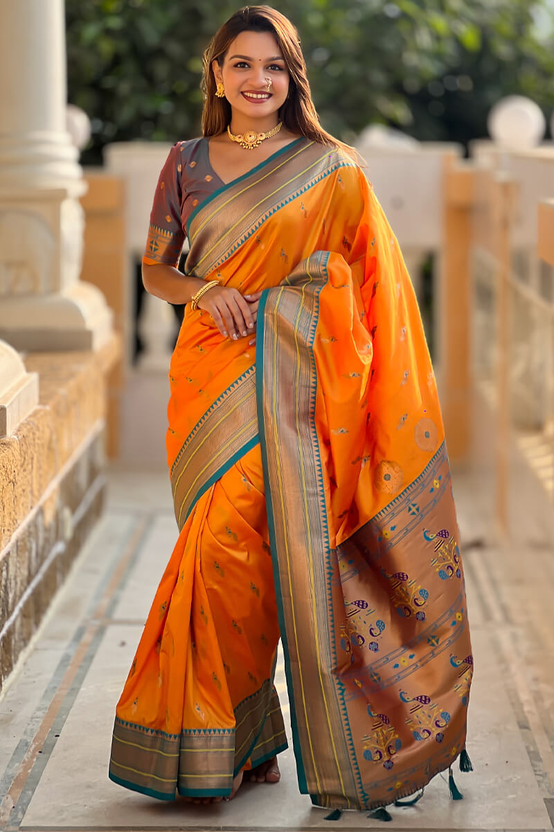Unique Mustard Paithani Silk Saree With Girlish Blouse Piece