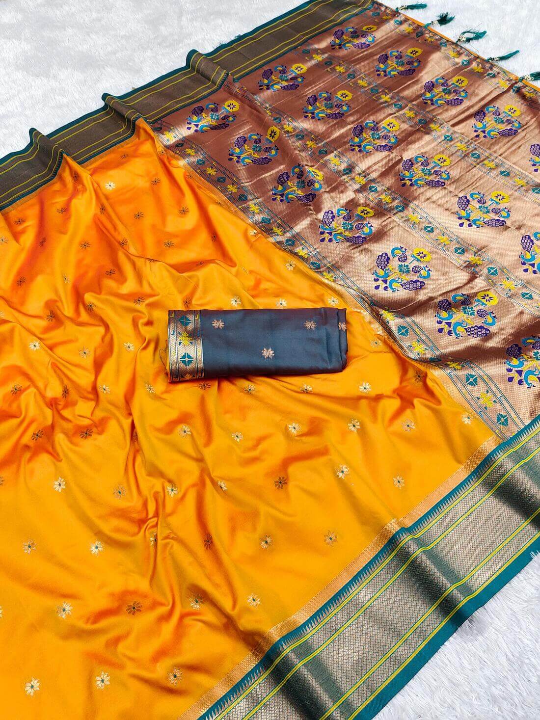 Traditional Yellow Paithani Silk Saree With Fairytale Blouse Piece