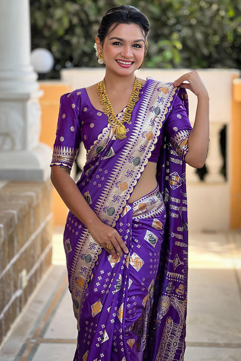 Skinny Purple Soft Banarasi Silk Saree With Ethereal Blouse Piece