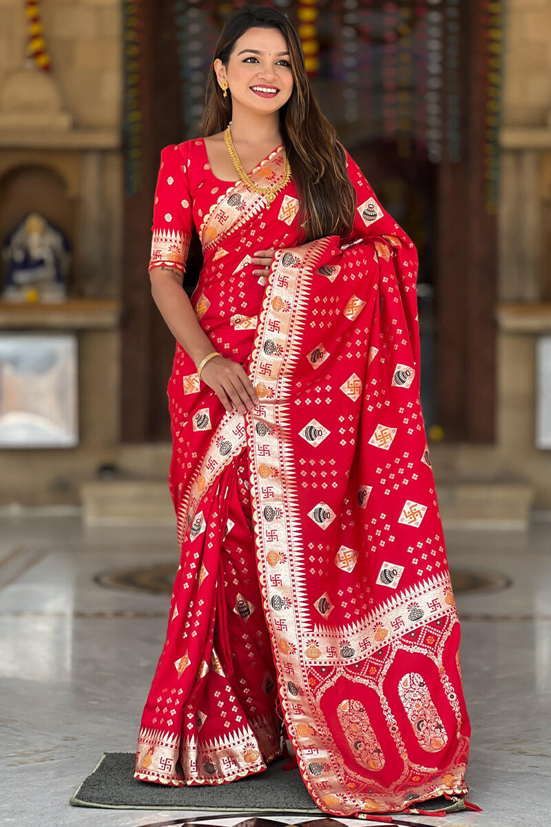 Prodigal Red Soft Banarasi Silk Saree With Desiring Blouse Piece
