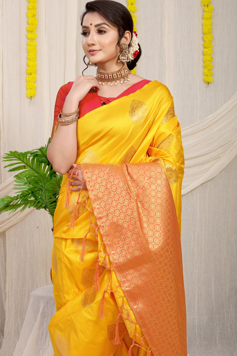 Eye Catching Yellow Banarasi Silk Saree With Engrossing Blouse Piece Lajreedesigner 0991