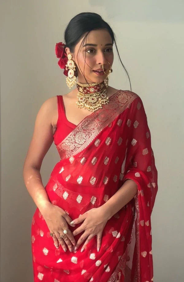 Coral Red Designer Silk Ready to wear/Easy Saree