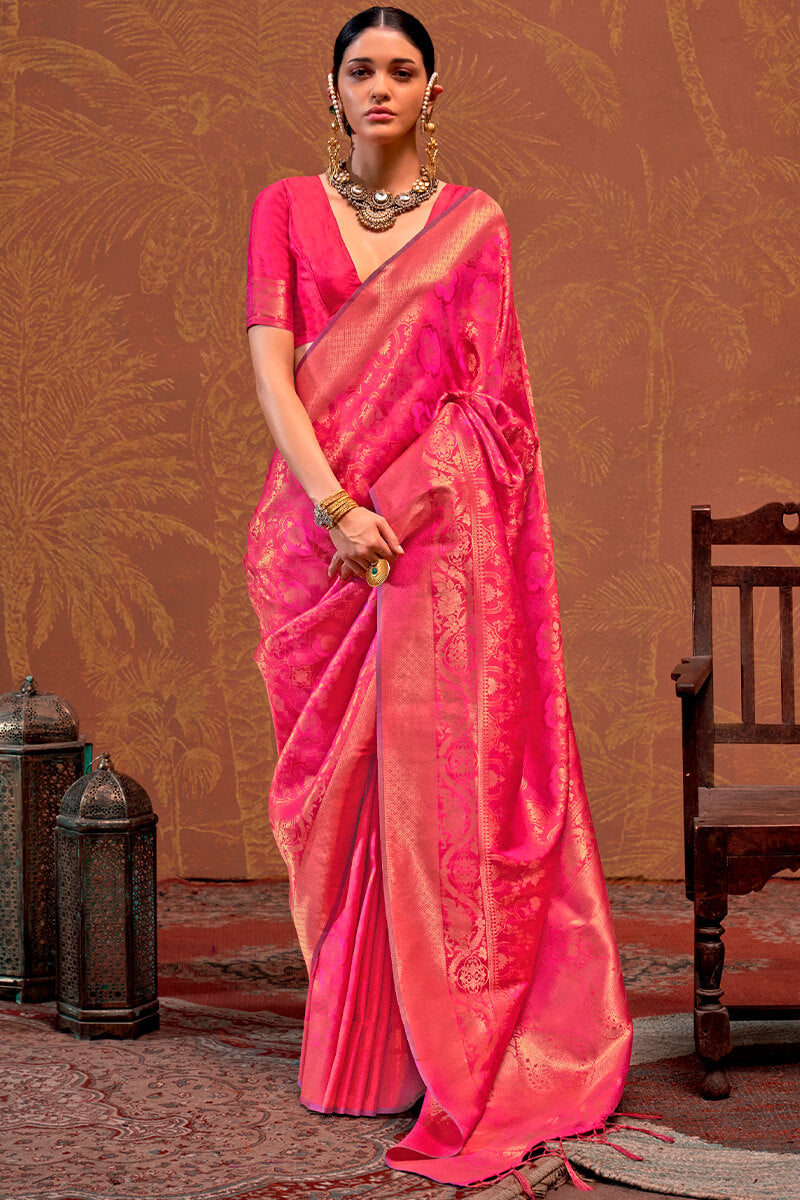 Trendy Dark Pink Kanjivaram Silk Saree With Flattering Blouse Piece