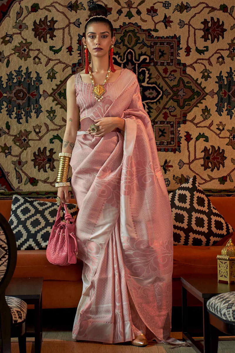 Diaphanous Baby Pink Kanjivaram Silk Saree With Moiety Blouse Piece