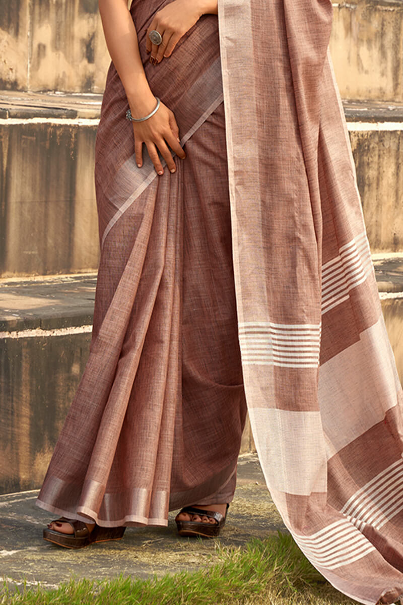 Bewitching Brown Cotton Silk Saree With Gossamer Blouse Piece