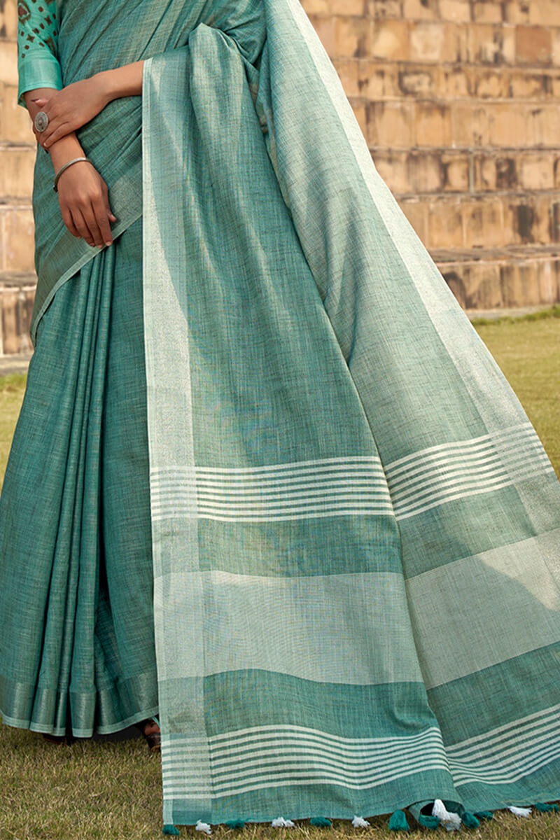 Lassitude Sea Green Cotton Silk Saree With Resplendent Blouse Piece