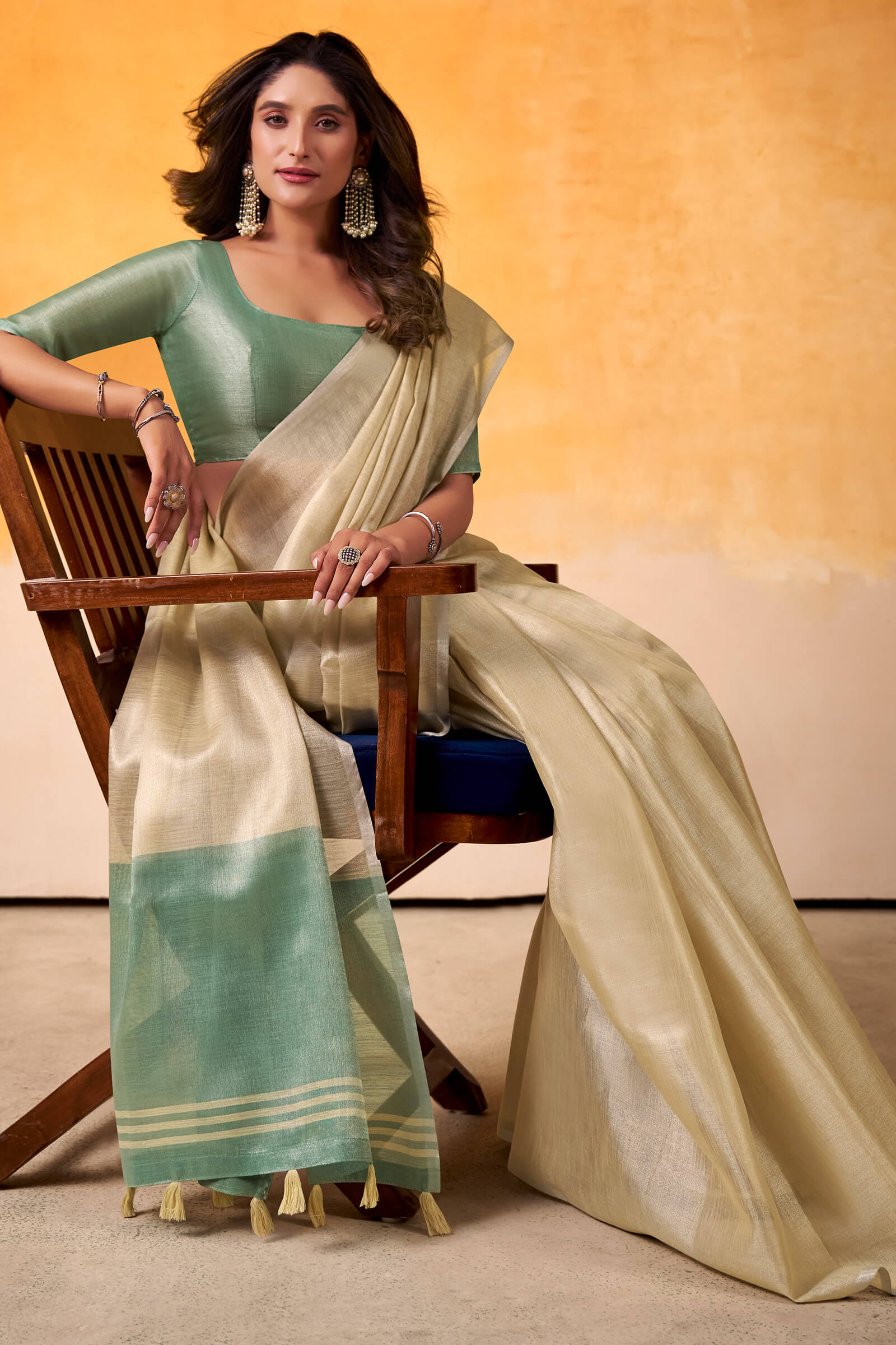 Entrancing Beige Soft Banarasi Tissue Silk Saree With Murmurous Blouse Piece