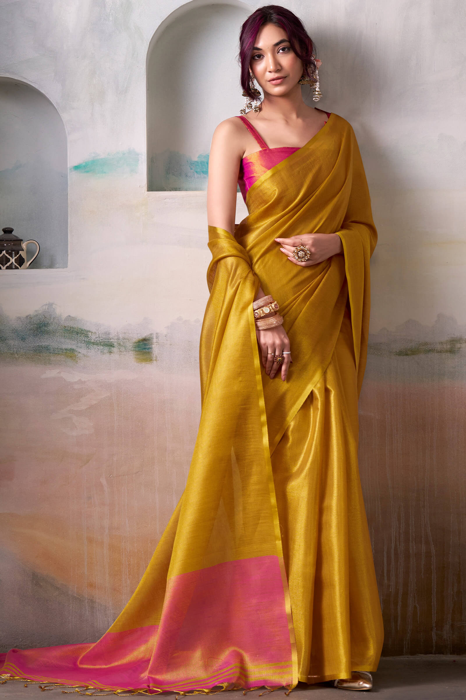 Mesmeric Mustard Soft Banarasi Tissue Silk Saree With Ephemeral Blouse Piece