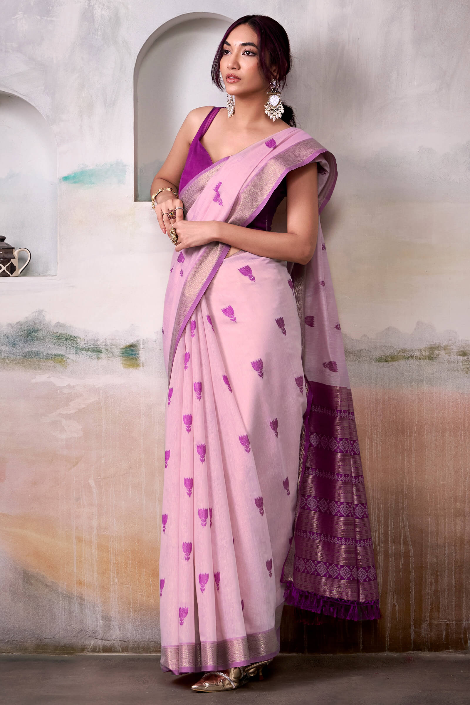 Phenomenal Lavender Cotton Silk Saree With Trendy Blouse Piece