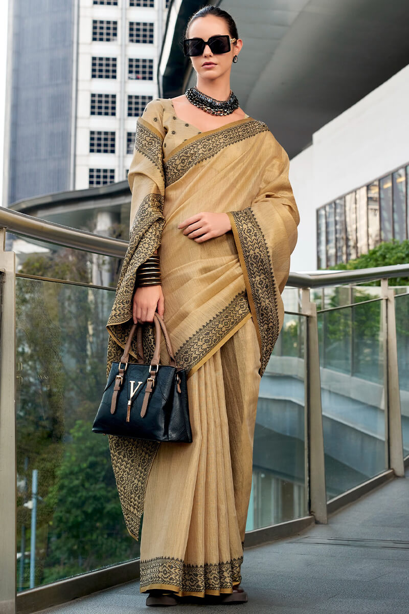 Sumptuous Beige Cotton Silk Saree With Ornate Blouse Piece