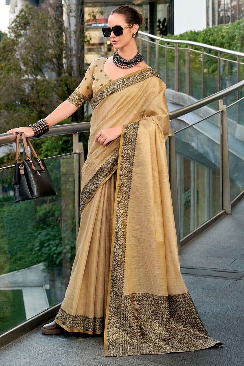Sumptuous Beige Cotton Silk Saree With Ornate Blouse Piece